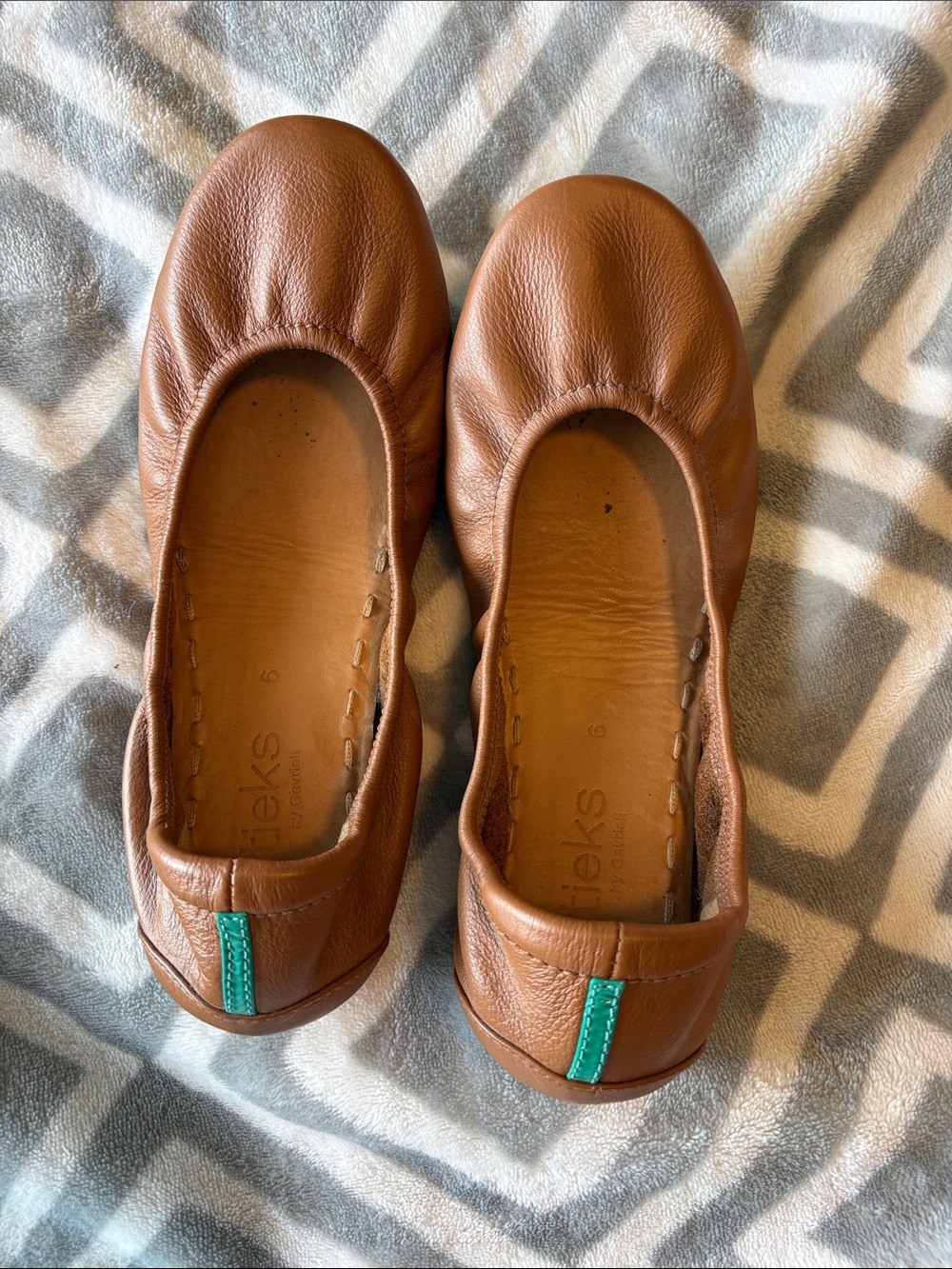 Tieks Brown Leather Ballet Flats with Teal Heel Tab